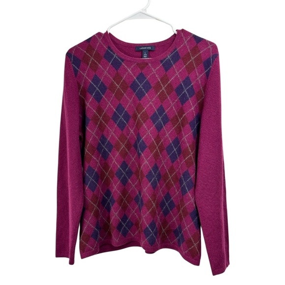 Lands End Size Large Argyle 100% Cashmere Sweater Long Sleeve Round Neck Pink - Picture 1 of 6